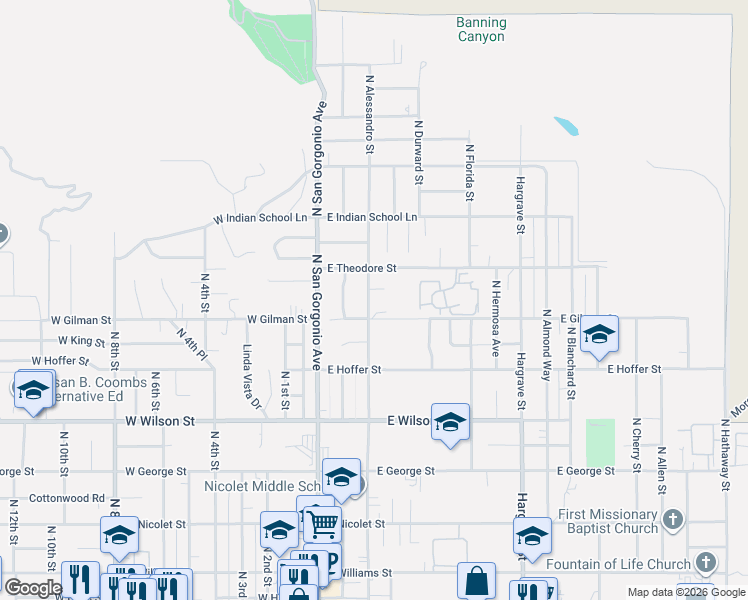 map of restaurants, bars, coffee shops, grocery stores, and more near 1276 North Alessandro Street in Banning