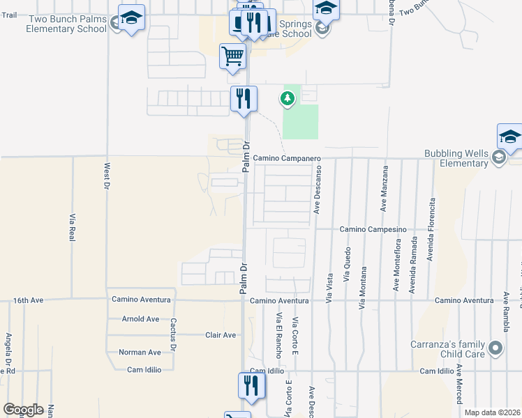 map of restaurants, bars, coffee shops, grocery stores, and more near 15300 Palm Drive in Desert Hot Springs