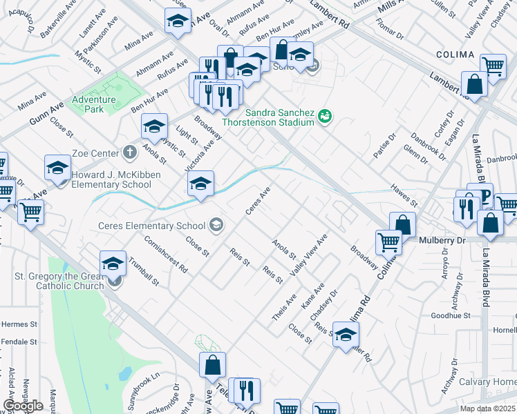 map of restaurants, bars, coffee shops, grocery stores, and more near 10441 Ceres Avenue in Whittier