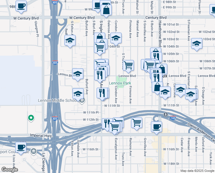 map of restaurants, bars, coffee shops, grocery stores, and more near 10905 Dalerose Avenue in Lennox