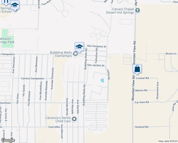map of restaurants, bars, coffee shops, grocery stores, and more near 15500 Bubbling Wells Road in Desert Hot Springs