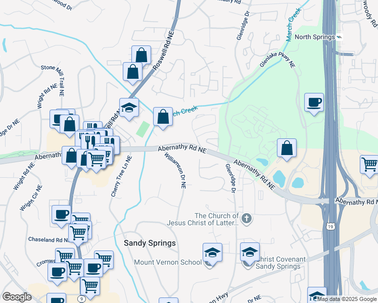 map of restaurants, bars, coffee shops, grocery stores, and more near 495 Abernathy Road Northeast in Atlanta