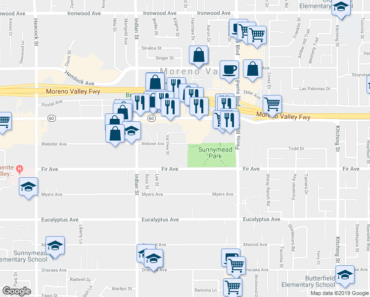 map of restaurants, bars, coffee shops, grocery stores, and more near 24736 Webster Avenue in Moreno Valley