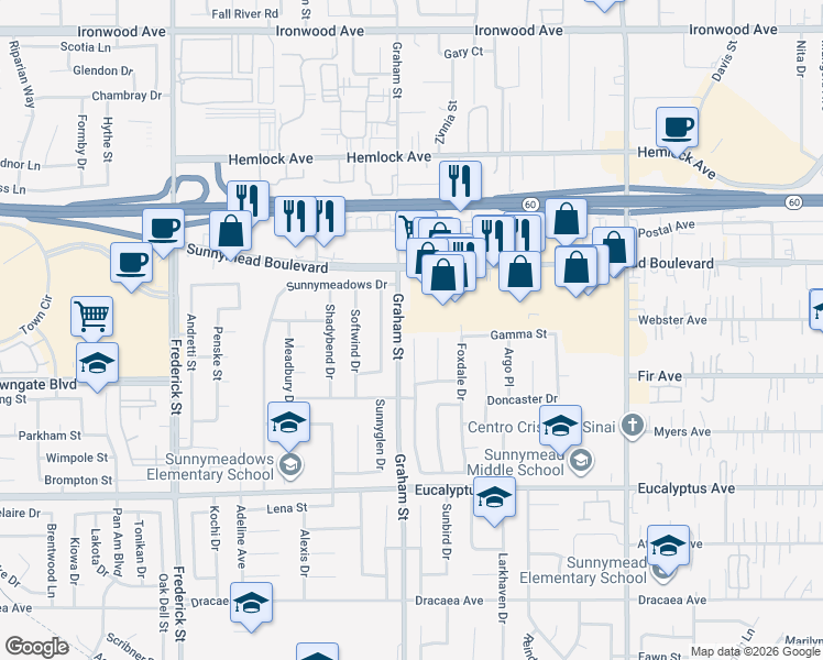 map of restaurants, bars, coffee shops, grocery stores, and more near 23607 Sunnymead Boulevard in Moreno Valley