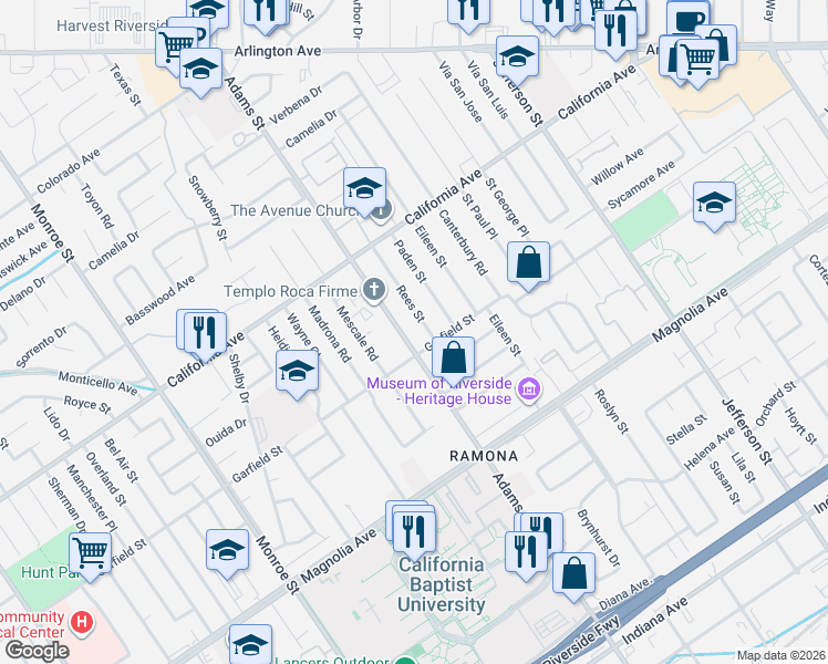 map of restaurants, bars, coffee shops, grocery stores, and more near 4079 Adams Street in Riverside