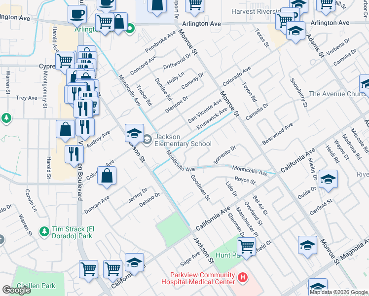 map of restaurants, bars, coffee shops, grocery stores, and more near 8941 Brunswick Avenue in Riverside