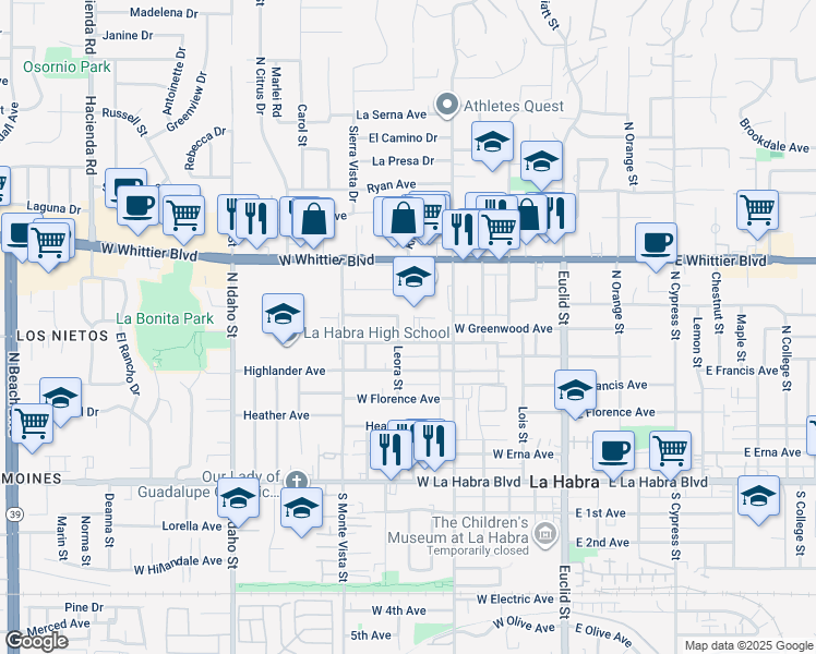 map of restaurants, bars, coffee shops, grocery stores, and more near 625 North Walnut Street in La Habra