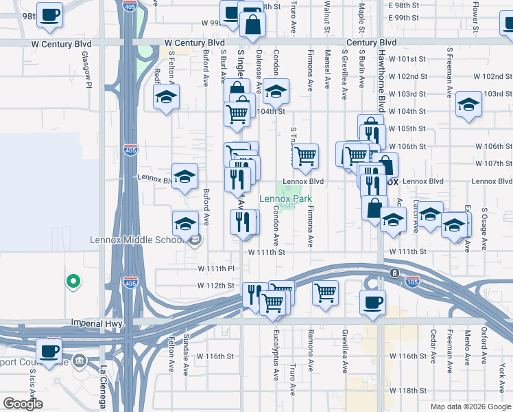 map of restaurants, bars, coffee shops, grocery stores, and more near 10823 Dalerose Avenue in Inglewood