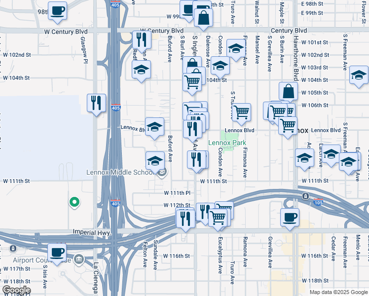 map of restaurants, bars, coffee shops, grocery stores, and more near 10820 South Burl Avenue in Inglewood
