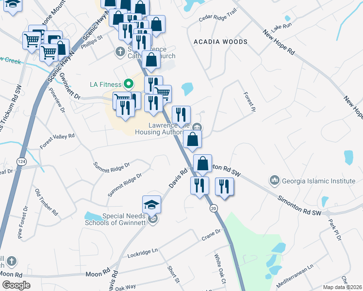 map of restaurants, bars, coffee shops, grocery stores, and more near Forest Place in Lawrenceville