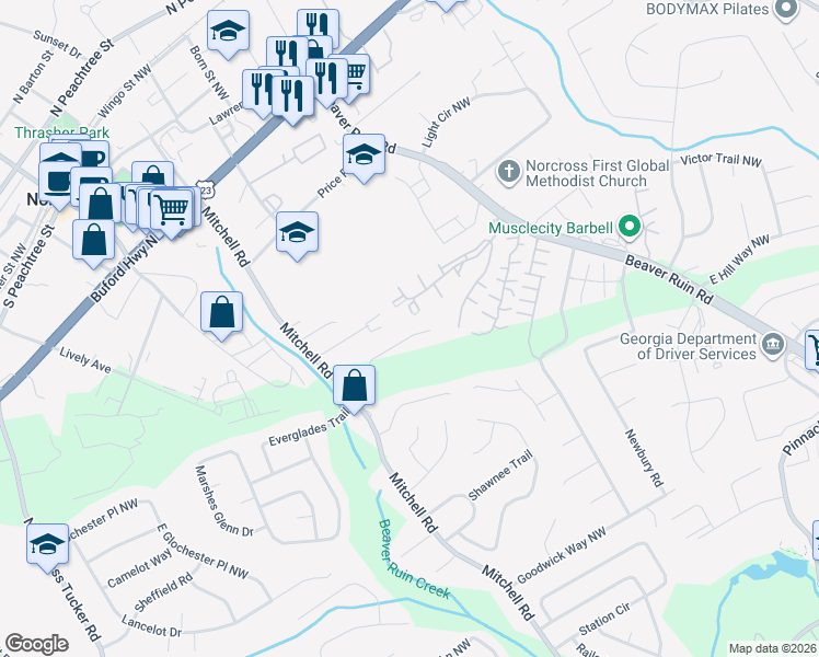 map of restaurants, bars, coffee shops, grocery stores, and more near 5541 Everglades Trail in Norcross