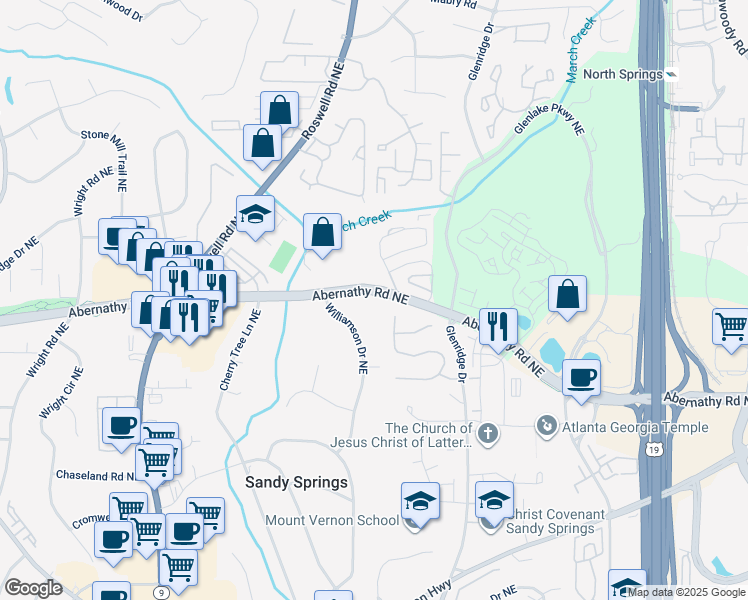 map of restaurants, bars, coffee shops, grocery stores, and more near 495 Abernathy Road Northeast in Atlanta