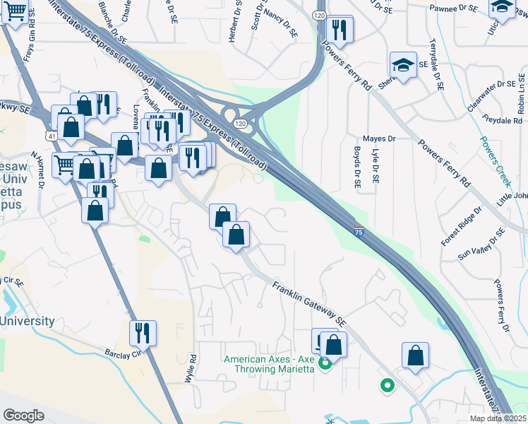 map of restaurants, bars, coffee shops, grocery stores, and more near 1723 Twin Brooks Drive Southeast in Marietta