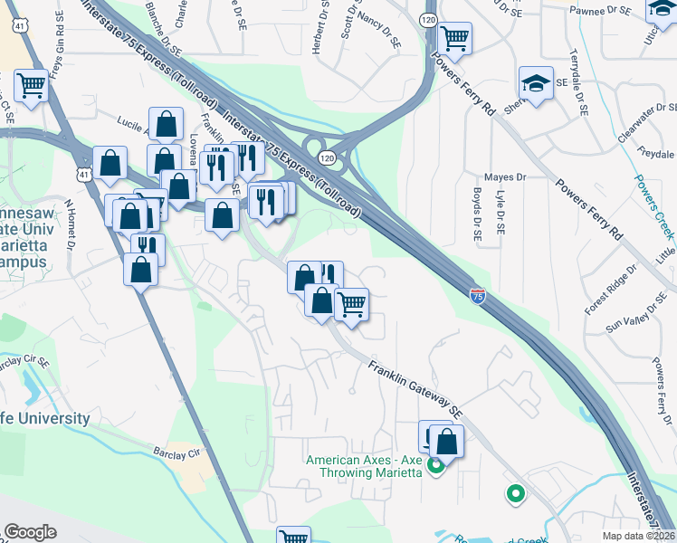 map of restaurants, bars, coffee shops, grocery stores, and more near 1723 Twin Brooks Drive Southeast in Marietta