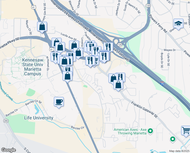 map of restaurants, bars, coffee shops, grocery stores, and more near 111-2109 Augusta Drive Southeast in Marietta
