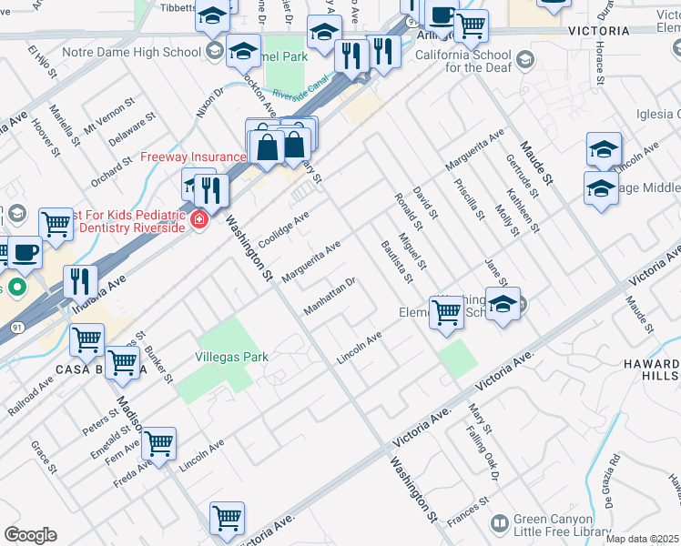map of restaurants, bars, coffee shops, grocery stores, and more near 6964 Miami Street in Riverside