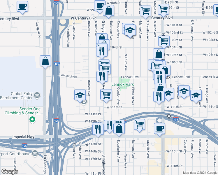 map of restaurants, bars, coffee shops, grocery stores, and more near 10905 Dalerose Avenue in Lennox