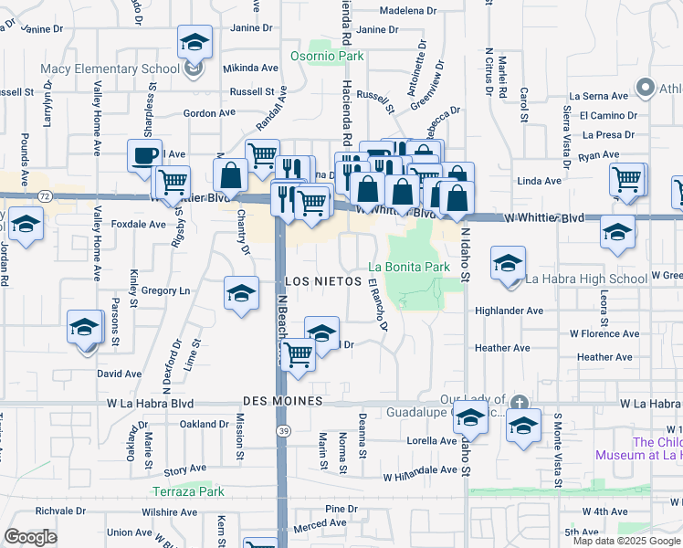 map of restaurants, bars, coffee shops, grocery stores, and more near 621 Hacienda Drive in La Habra