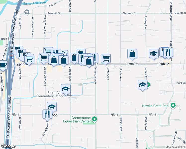 map of restaurants, bars, coffee shops, grocery stores, and more near 3828 Temescal Avenue in Norco