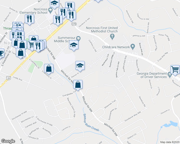 map of restaurants, bars, coffee shops, grocery stores, and more near 5541 Everglades Trail in Norcross