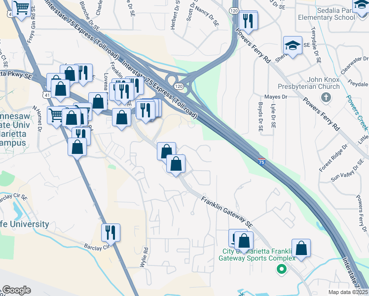map of restaurants, bars, coffee shops, grocery stores, and more near 1723 Twin Brooks Drive Southeast in Marietta