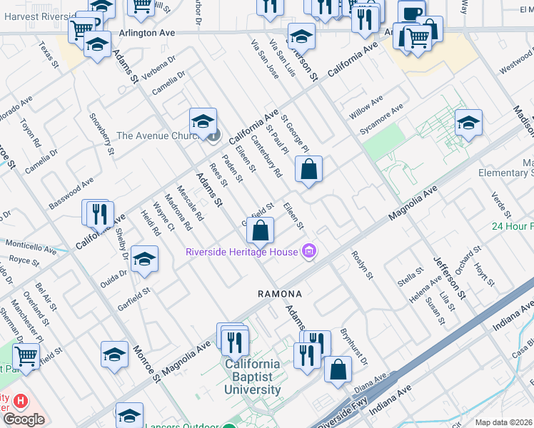 map of restaurants, bars, coffee shops, grocery stores, and more near 8214 Garfield Street in Riverside