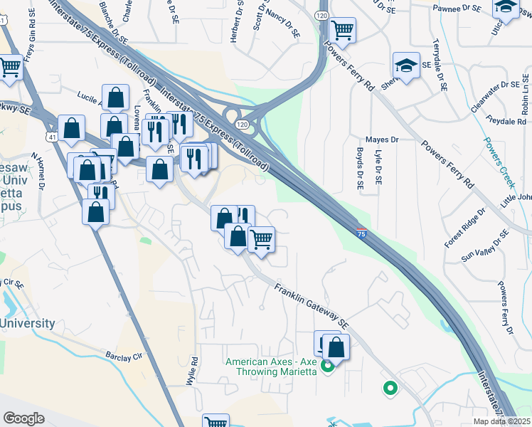 map of restaurants, bars, coffee shops, grocery stores, and more near 1723 Twin Brooks Drive Southeast in Marietta