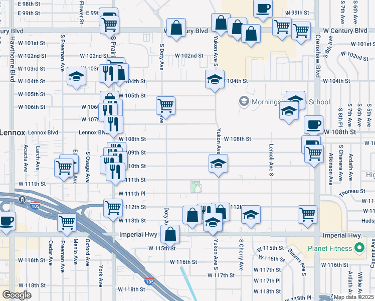 map of restaurants, bars, coffee shops, grocery stores, and more near 3709 West 109th Street in Inglewood