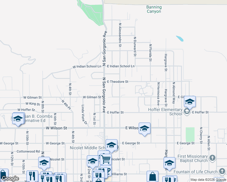 map of restaurants, bars, coffee shops, grocery stores, and more near 1280 North Murray Street in Banning