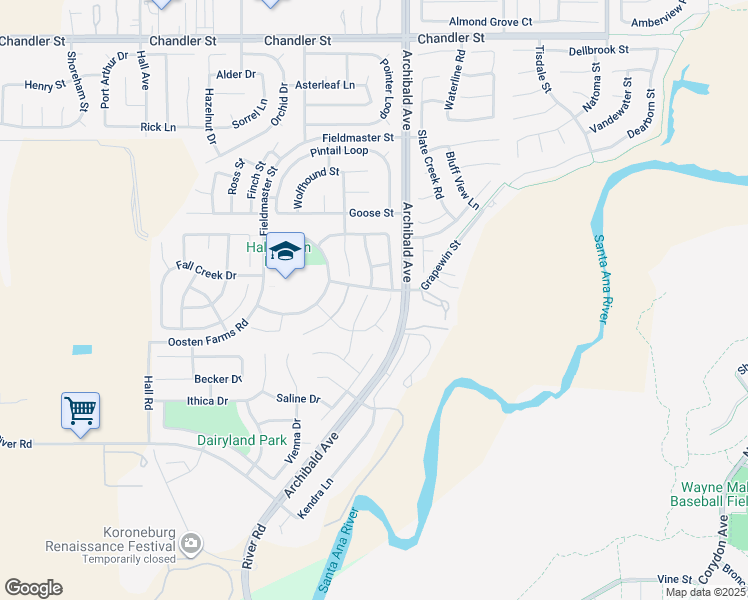 map of restaurants, bars, coffee shops, grocery stores, and more near 8277 Angeline Falls Way in Corona