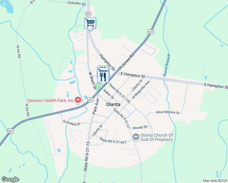 map of restaurants, bars, coffee shops, grocery stores, and more near 136 State Road S-21-190 in Olanta