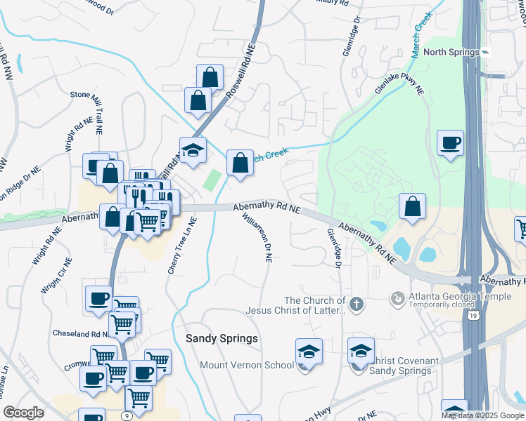 map of restaurants, bars, coffee shops, grocery stores, and more near 495 Abernathy Road Northeast in Atlanta