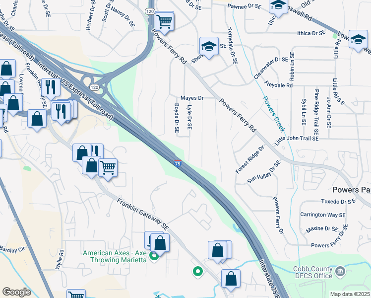 map of restaurants, bars, coffee shops, grocery stores, and more near 624 Lyle Drive Southeast in Marietta