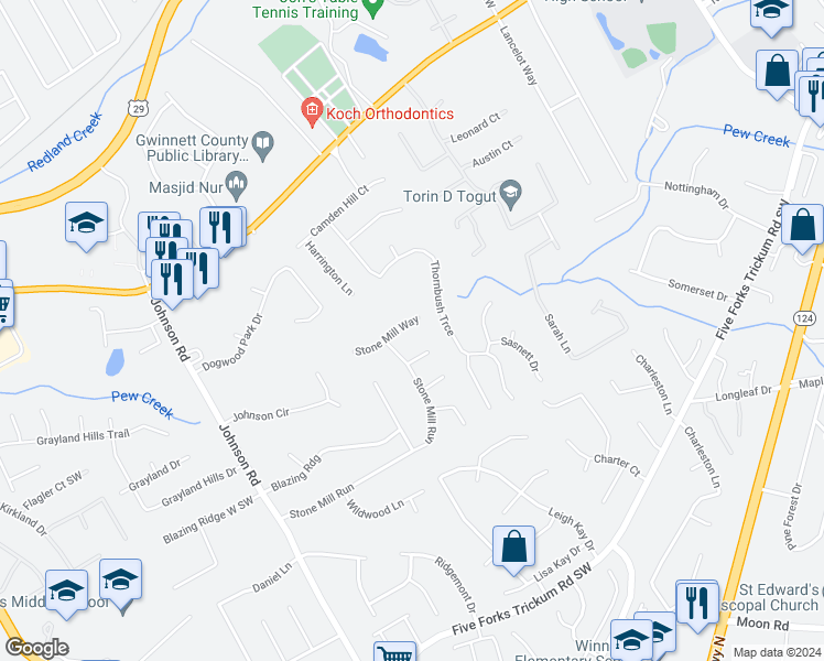 map of restaurants, bars, coffee shops, grocery stores, and more near 992 Stone Mill Way in Lawrenceville