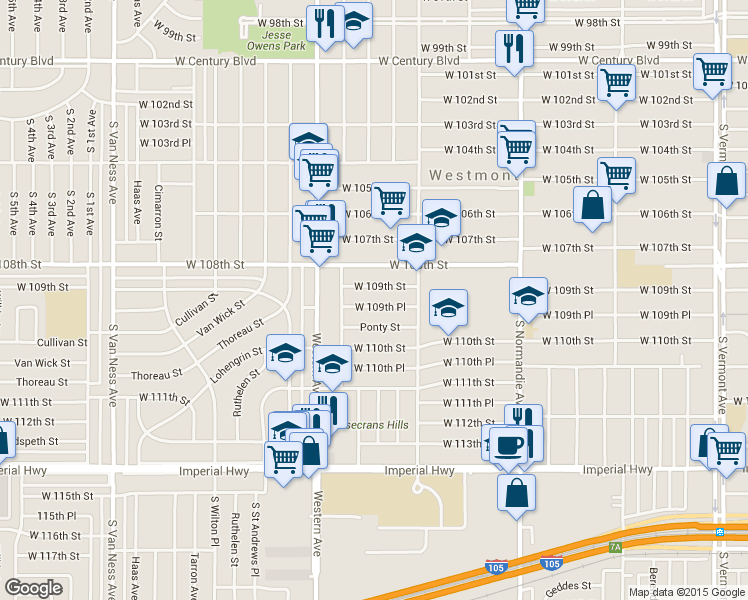 map of restaurants, bars, coffee shops, grocery stores, and more near 1655 West 109th Street in Los Angeles