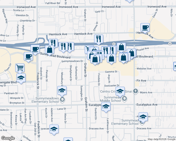 map of restaurants, bars, coffee shops, grocery stores, and more near 23607 Sunnymead Boulevard in Moreno Valley