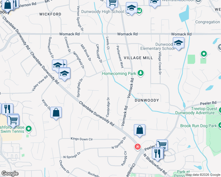 map of restaurants, bars, coffee shops, grocery stores, and more near 4767 Cambridge Drive in Dunwoody