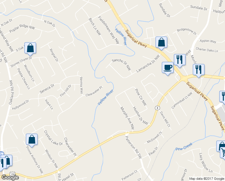 map of restaurants, bars, coffee shops, grocery stores, and more near 1512 Pine Circle Northwest in Lawrenceville