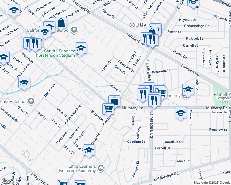 map of restaurants, bars, coffee shops, grocery stores, and more near 14743 Terryknoll Drive in Whittier