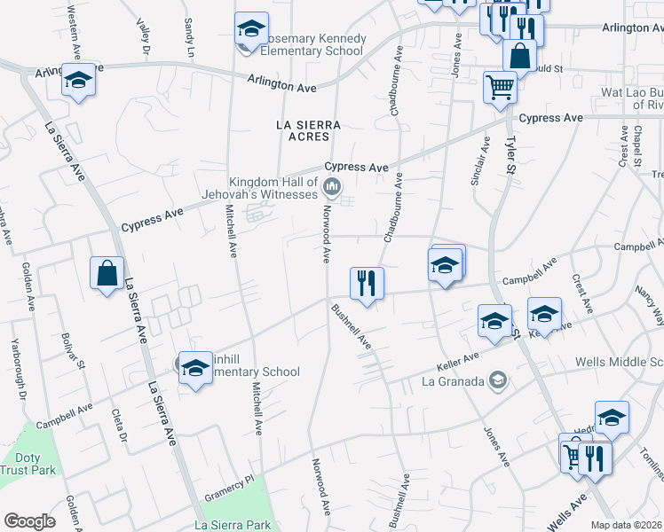 map of restaurants, bars, coffee shops, grocery stores, and more near 5701 Norwood Avenue in Riverside