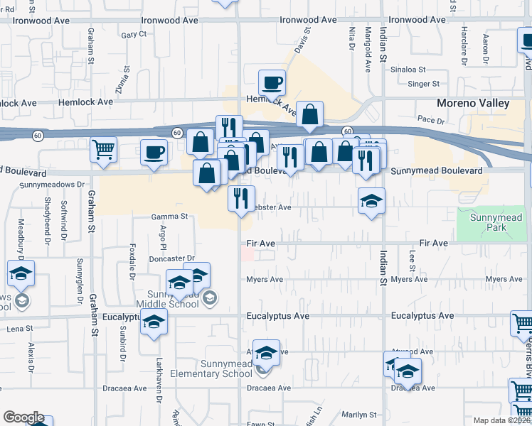 map of restaurants, bars, coffee shops, grocery stores, and more near 24093 Webster Avenue in Moreno Valley