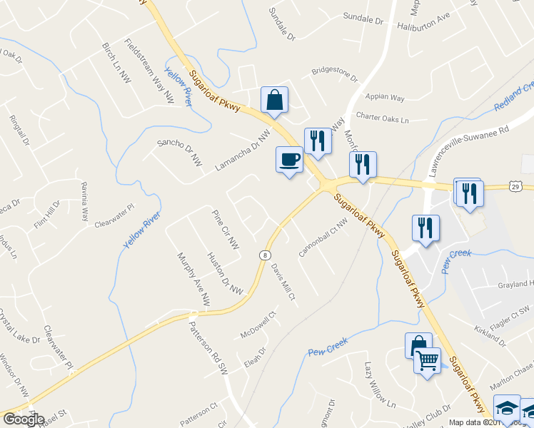 map of restaurants, bars, coffee shops, grocery stores, and more near 4380 Annlette Drive Northwest in Lawrenceville