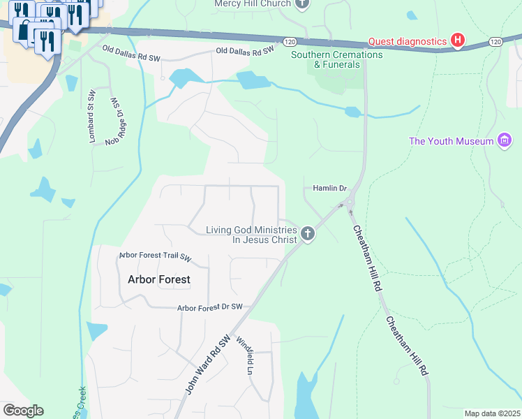 map of restaurants, bars, coffee shops, grocery stores, and more near 649 Old Orchard Drive in Marietta