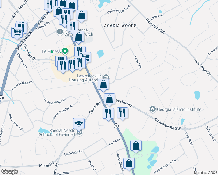 map of restaurants, bars, coffee shops, grocery stores, and more near 302 Forest Place in Lawrenceville
