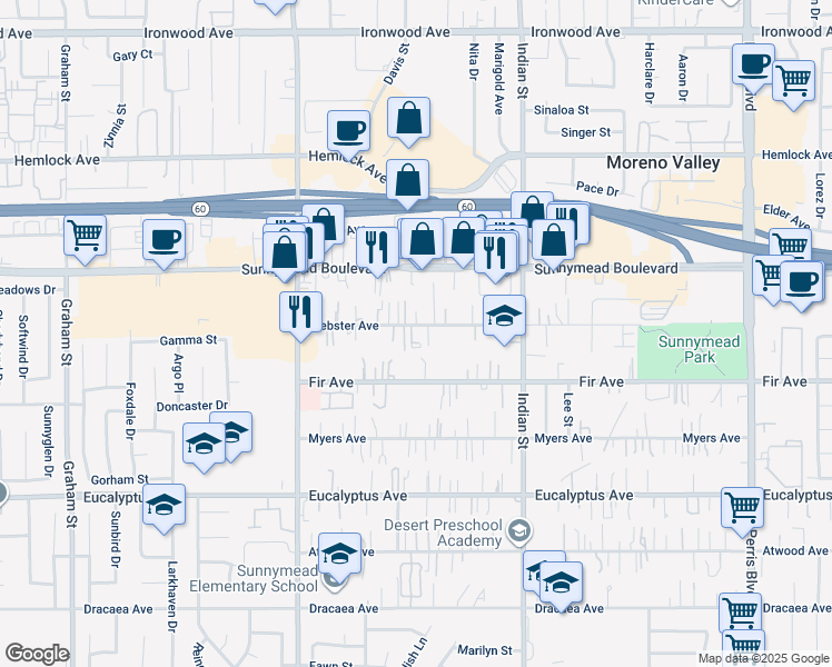 map of restaurants, bars, coffee shops, grocery stores, and more near 24271 Webster Avenue in Moreno Valley