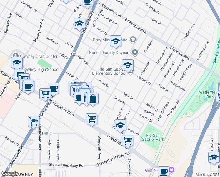 map of restaurants, bars, coffee shops, grocery stores, and more near 9249 Buell Street in Downey