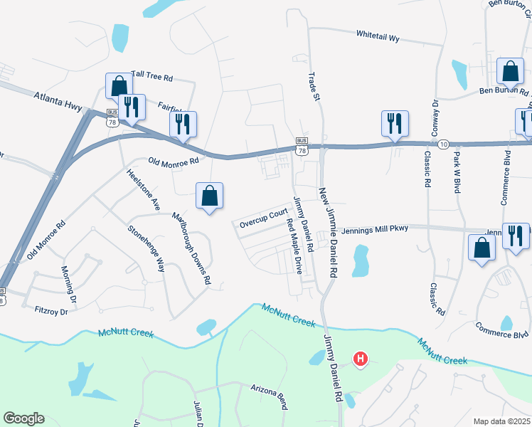 map of restaurants, bars, coffee shops, grocery stores, and more near 236 Overcup Court in Bogart