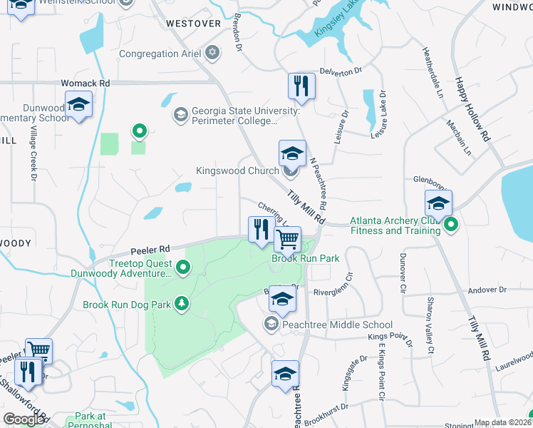map of restaurants, bars, coffee shops, grocery stores, and more near 2227 Cherring Lane in Dunwoody