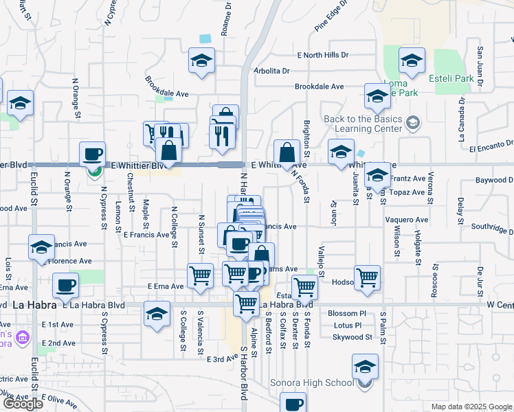 map of restaurants, bars, coffee shops, grocery stores, and more near 600 North Harbor Boulevard in La Habra