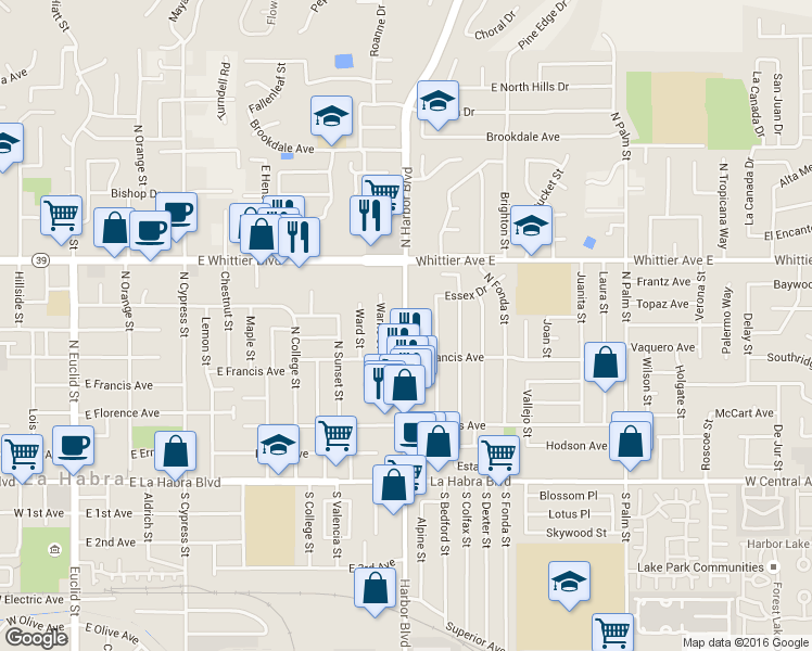 map of restaurants, bars, coffee shops, grocery stores, and more near 600 North Harbor Boulevard in La Habra